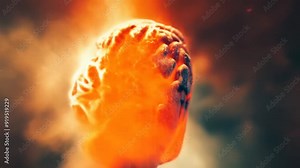 Exploding human brain surrounded by fiery clouds and energy in 3D animation