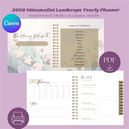 Editable Landscape Yearly Planner | Canva Template, Printable PDF - Etsy