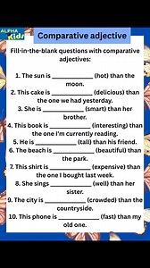 A comparative adjective is used to compare two things, people, or situations. It typically ends in -er or uses "more" before the adjective. Examples: 1. *Faster* (e.g., "She runs faster than him.") 2. *More beautiful* (e.g., "This painting is more beautiful than that one.") Comparative adjectives help highlight differences between two entities. #onlineclasses | Alpha kids :worksheets and activities