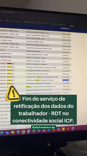 Allyfran Dutra | Departamento Pessoal on Instagram: "⚠️ Fim do serviço de retificação dos dados do trabalhador - RDT no conectividade social ICP. Sabia mais no vídeo! Gerir Demandas Caixa: https://acessoseguro.caixa.gov.br/internet.do?segmento=CONVENIADO01&urlCallback=https://www.gerirdemandas.conectividade.caixa.gov.br/sifag-web/principal/acessoInternet.jsf Já encaminha para sua amiga de DP! Grande abraço!"