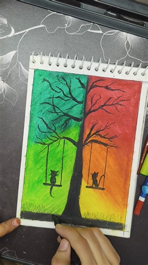 Two Worlds, Two Cats 🌅// Beautiful Oil Pastel Drawing/Easy Sunset #oilpasteldrawing #shorts #colors