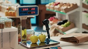 Electronic scale in zero waste grocery store to weight bulk items and fresh organic locally grown produce. Farmers market selling food industrial solvents or synthetic additives, weighing machine.