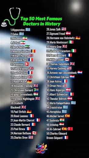 GeoStatista on Instagram: "🔥 50 Most Famous Doctors in History 🩺🌍 Discover the greatest medical minds who changed the world forever — from ancient healers to modern pioneers. This video ranks the top 50 most influential doctors of all time, the legends who shaped surgery, vaccines, anatomy, microbiology, and the foundations of modern medicine. 💡 In this video you will see: ✨ The 50 most famous doctors in history 🌍 The origins of each legendary physician 🧬 Pioneers of surgery, vaccination, 