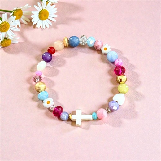 Christian Beaded Stretch Bracelet With Cross, Gemstone Faith Jewelry, Dainty Bracelet - Etsy