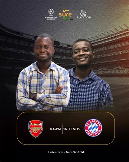 Daniel Pelumi Oriloye on Instagram: "ARS ⚪ vs 🔴 BAY On a night soaked in history… two giants stride onto the stage once more. Arsenal — the dreamers of North London, chasing a story they have long wished to rewrite. VS Bayern Munich — the Bavarian machine, relentless, ruthless, forever unafraid of the spotlight. Expect drama & fireworks tonight. Join BLACKCOIN & DPO SPORTS Live on @sure975fm #ARSBAY #Arsenal #BayernMunich #UCLNight #UCL"