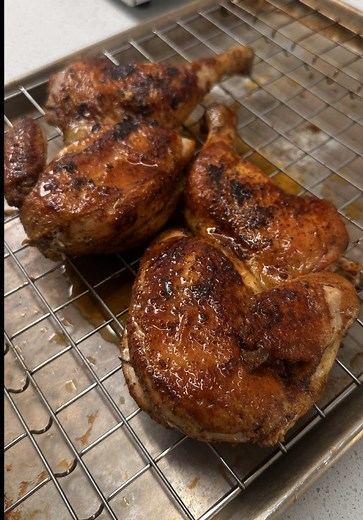 Cajun roasted half chickens, seared until deeply golden and finished in the oven until juicy all the way through. Break down a whole chicken into halves. Carve the breasts clean, keep the legs bone-in, and take the carcass and trim. Wrap it, freeze it — once you’ve got enough, that’s stock later. Season the chicken generously with salt, pepper, and Robinson Cajun blend. Don’t be shy. Get a pan ripping hot with neutral oil. Lay the chicken skin-side down and put a weight on it — full contact matt
