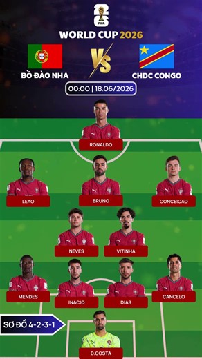 ĐỘI HÌNH DỰ KIẾN BỒ ĐÀO NHA VS CHDC CONGO 00:00 | 18.06.2026 | WORLD CUP 2026