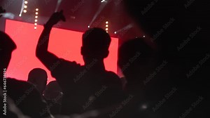 People dancing and cheering at a music festival at night in slow motion