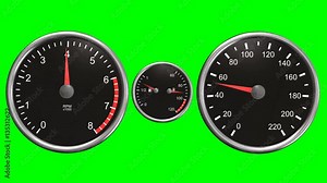Tachometer and speedometer moving animation on green screen