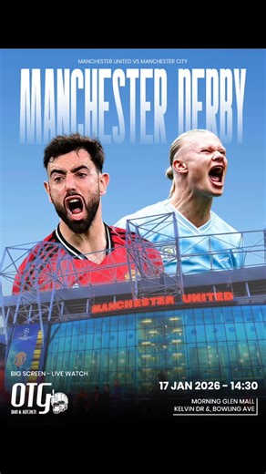 Off The Grid on Instagram: "Manchester is calling! 🔴 vs 🔵 It’s Derby Day fever! Are you backing the Red Devils or the Cityzens? ⚽️🔥 Come witness the clash of titans on the BIG SCREEN at OTG Bar & Kitchen. The atmosphere is going to be electric! ⚡️ 🗓 Date: 17 Jan 2026 ⏰ Kickoff: 14:30 📍 Location: Morning Glen Mall (Kelvin Dr & Bowling Ave) Tag your squad and let’s see who claims bragging rights! 👇 #ManchesterDerby #ManUtd #ManCity #OTGBarAndKitchen #DerbyDay"