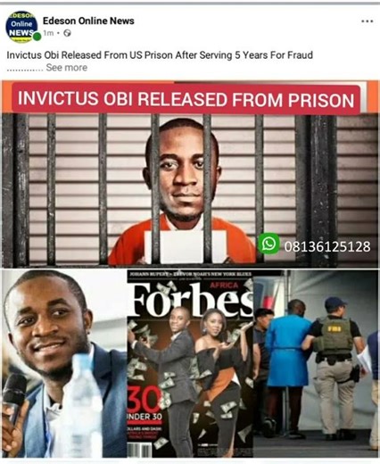Invictus Obi Released From Prison In America After Serving 5 Years For Fraud