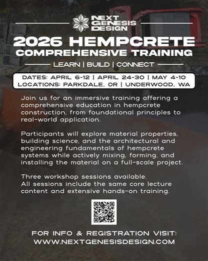 Join us for an immersive hands-on training in hempcrete home design and construction. Learn everything from core principles through advanced systems detailing while gaining real-world experience installing hempcrete on a full-scale project. Submit a registration inquiry before March 6 to receive discounted rates. | Next Genesis Design