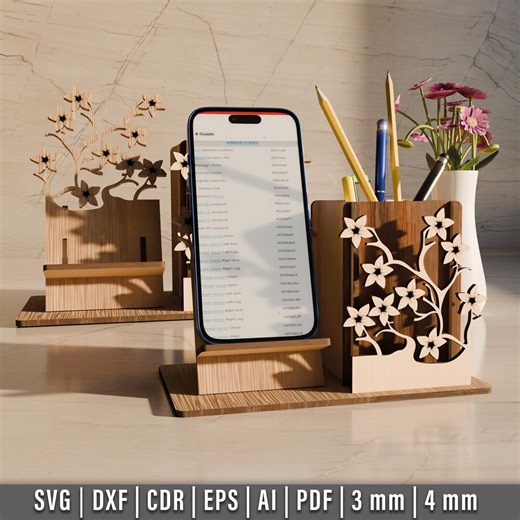 Laser Cut Pen Pencil Holder With Phone Stand SVG File, Phone Stand Digital Template, Office Decor Design, Desk Decor, Laser Cut File - Etsy