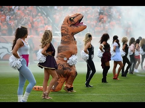 Broncos cheerleader dresses up like a dinosaur Performed NFL Dance Routine halloween costumes 2016