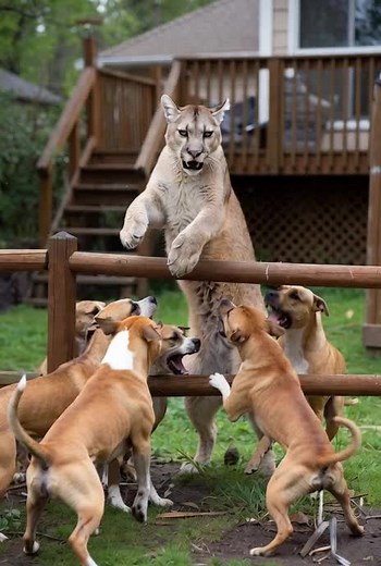 Mountain lion fights off many dogs #mountainlion #lion #animal #fight #followme