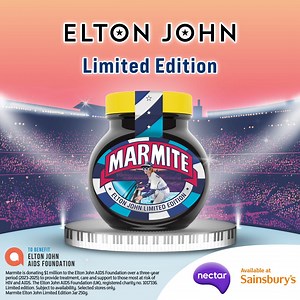 Marmite Elton John Limited Edition Jar 250g. New to Sainsbury's. Pop a jar in your basket and scan Nectar to collect points. | Nectar