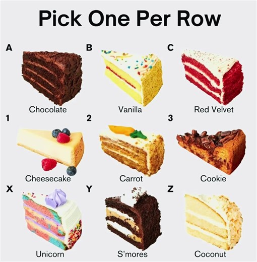 Pick One CakePer Row C Chocolate Vanilla Red Velvet 2 3 Cheesecake Carrot Cookie Y Z Unicorn S'mores Coconut #chocolate #redvelvet #carrot #smores #cheesecake
