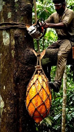 A large cocoa fruit harvesting. Amazing short video