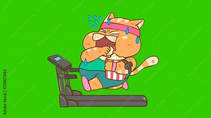 Cat running on exercise machine animation on green screen