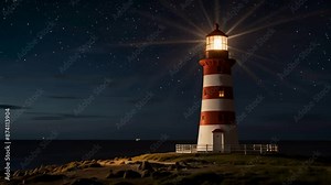 Lighthouse Shining Light at Night with Stars in the Sky