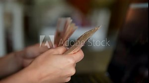 Closeup side view of unrecognizable woman counting pile of Russian ruble banknotes, highlighting financial stability and strategic money management. Concept of finance, savings, investment, wealth.