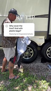 These are tire covers and not trash bags. And if you’re sitting for long, it’s important to cover your tires. Especially in the summer heat in Texas. Tire covers protect your tires from the heat and the UV rays. The sun can cause tiny cracks in your tires over time. It also causes tire dry rot. They also protect them from rain, wind, and snow, and will increase the longevity of your tire. You could also get sprays that protect them as well. Did you know they made tire covers for RVs?#rvtips #rvg