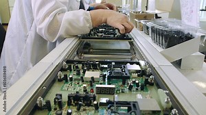 Workers are manufacturing Circuit Boards in Electronics Factory - Assembly line of LEDs, Transistors and other Electronic components being installed