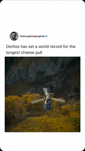 1.1M views · 282 reactions | Doritos has set a world record when they used a helicopter to dip a giant chip into a cheese mixture and stretched the cheese 49 feet without breaking. Like history? Follow @historyphotographed ❤️ | History In Pictures | Facebook