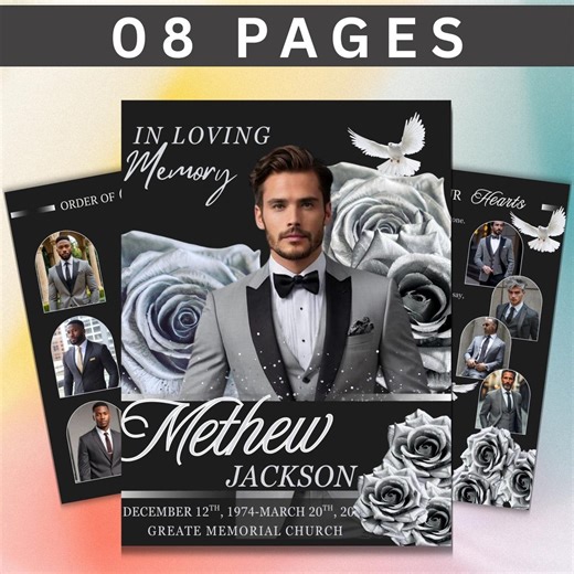 Silver Rose Funeral Program Template, 8-page Memorial, Editable Bifold 17x11”, Celebration of Life, Obituary, Canva Digital Download - Etsy