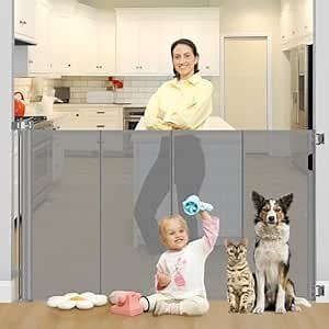 Reinforced 42" Tall X 80" Wide Retractable Baby Gate Extra Tall Cat Gate for Stairs No Sag Retractable Baby Gates for Doorways No Wrinkle Mesh Gates for Kids or Pets with Reinforced Strips, Gray