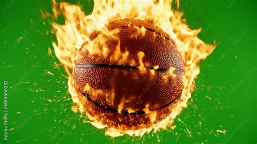 Flaming Basketball on Green Screen - A basketball engulfed in flames is displayed against a vibrant green screen background.