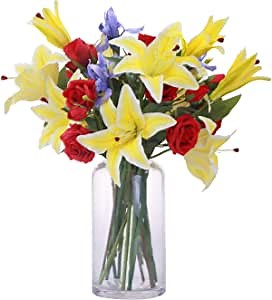 Artificial Flowers Mixed Bouquets - Include Lifelike Big Blooms Fake Red Roses, Yellow Silk Lilies for Mother's Day, Anniversary, Birthday, Graduation, Wedding Home Decoration