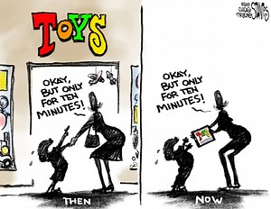 Editorial cartoon U.S. Toys R Us closing technology video games children
