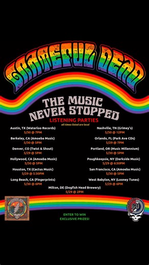 189K views · 647 reactions | Stop by your nearest 'The Music Never Stopped' listening party⚡Be among the first to preview the live collection and grab exclusive prizes—available while supplies last. | Grateful Dead | Facebook