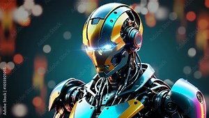 Futuristic humanoid robot with glowing eyes and advanced metallic armor in high-tech background. seamless looping time-lapse 4K video background Stock Video