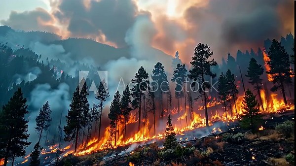 Forest Fire Spreading Wildfire Flames Across Mountain Trees Under Smoky Sky During Sunset