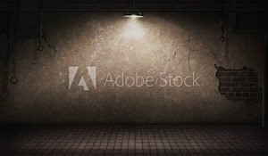 Creepy Basement 4K Loop features a view of a dark creepy basement with a light and hanging chains slightly swinging and dust particles flowing in the air in a seamless loop