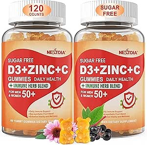 Sugar Free Vitamin C + D3 + Zinc Gummies for Adults 50 +, 9 in 1 Immune Defense Supplement with D3 5000IU, Elderberry, Echinacea, Mullein Leaf for Boost Immunity, Power Antioxidant, Vegan (Pack of 2)