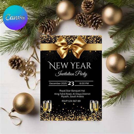 New Year Party Invitation Flyer | Black & Gold Newyear Invitations | Canva Editable Event Flyer | Luxury Eveparty Invite L Instant Download - Etsy UK