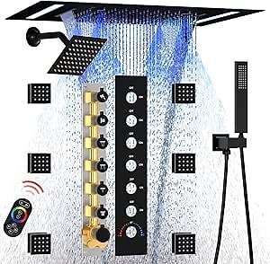 HOMEDEC Double Shower Heads Full Body Shower System with 6pcs Body Jets, 3-in-1 Function 14x20inch and 6inch Showerheads, Rainfall Shower System, Black