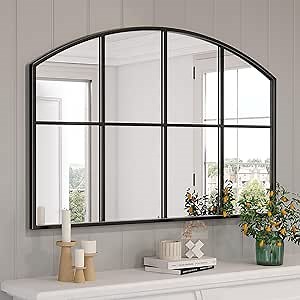 Black Arched Window Pane Mirror, 42" x 28" Wide Mirrors for Wall, Grid Wall Mirror Decorative Large Mirrors for Living Room Bedroom Farmhouse Fireplace Hallway Entryway
