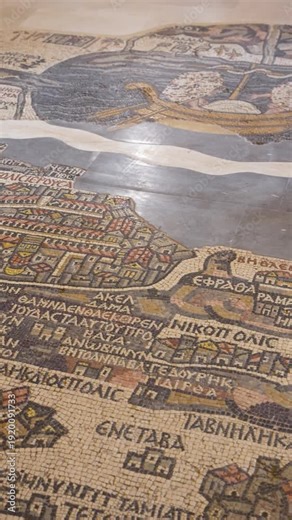 Closer vertical view about Madaba mosaic map of the Holy Land in Saint George Church, Madaba, Jordan
