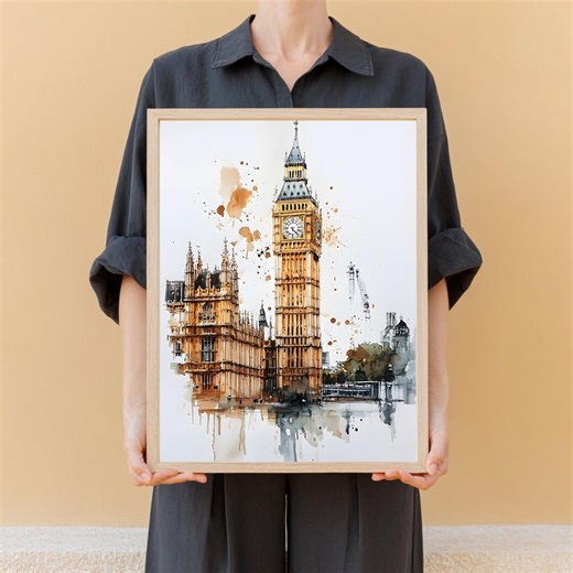 London, England Cityscape Watercolor - Big Ben and London Eye Painting - British Landmark Wall Art - UK Travel Gift - Etsy