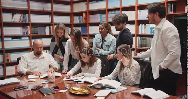 In a bustling university library, a group of diverse college students gathers around a table, engaged in earnest consultation with their professor. This scene embodies the essence of the university