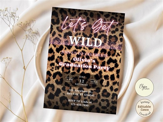 Leopard Graduation Party Invitation Template, Wild Theme Digital Download - Etsy