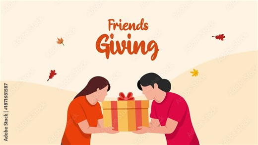 Animated video of gift exchange between friends at a friendsgiving event. Friends giving concept. Full length animation illustration. High quality 4k footage