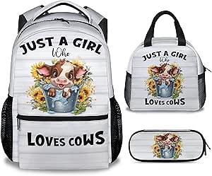 Cow Backpack with Lunch Box, Set of 3 School Backpacks Matching Combo, Cute Bookbag And Pencil Case Bundle
