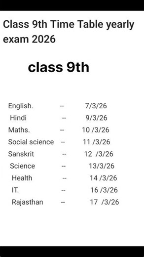 class 9th Time Table yearly exam 2026📝#exammotivation #motivation #exampreparation #