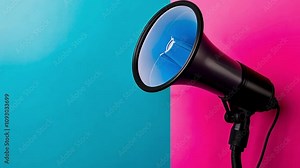 A sleek black megaphone placed against a vibrant split background of pink and blue. Concept of communication and bold advertising design.
