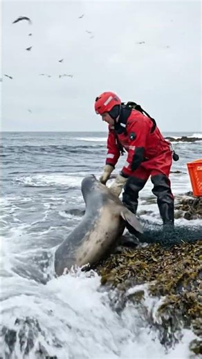 Saving a Seal Trapped on the Rocks by the Ocean